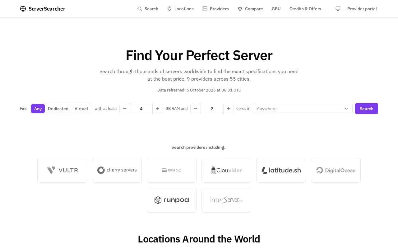 ServerSearcher homepage screenshot