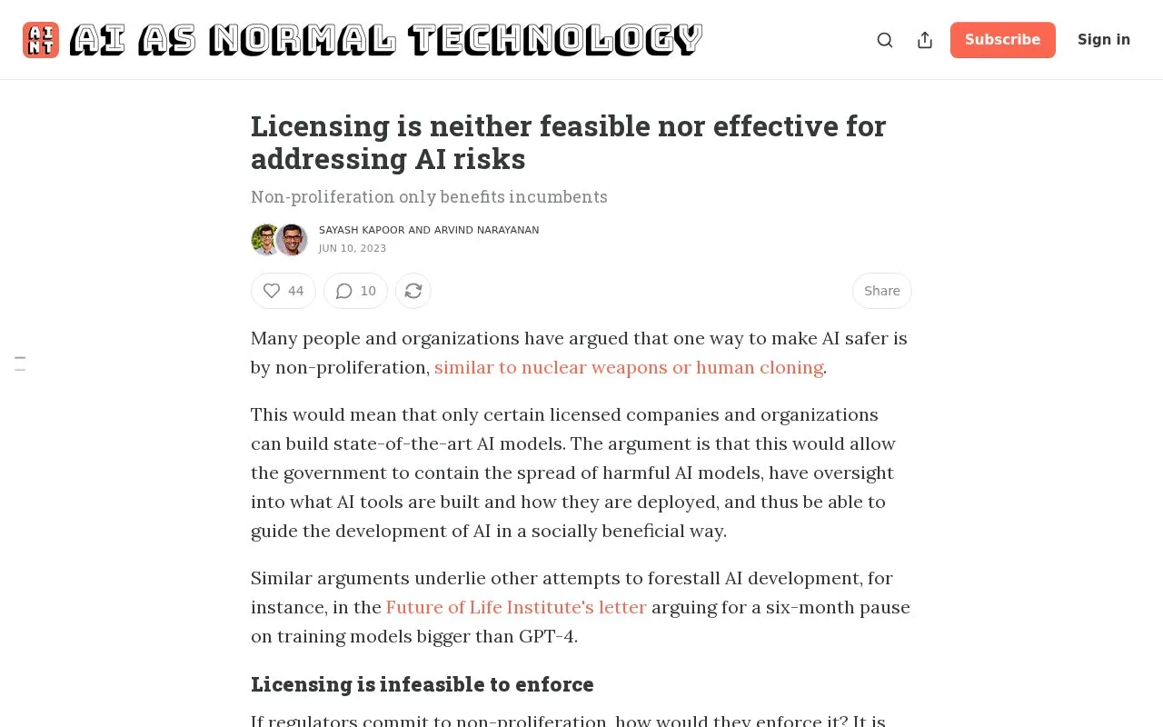 Licensing is neither feasible nor effective for addressing AI risks homepage screenshot