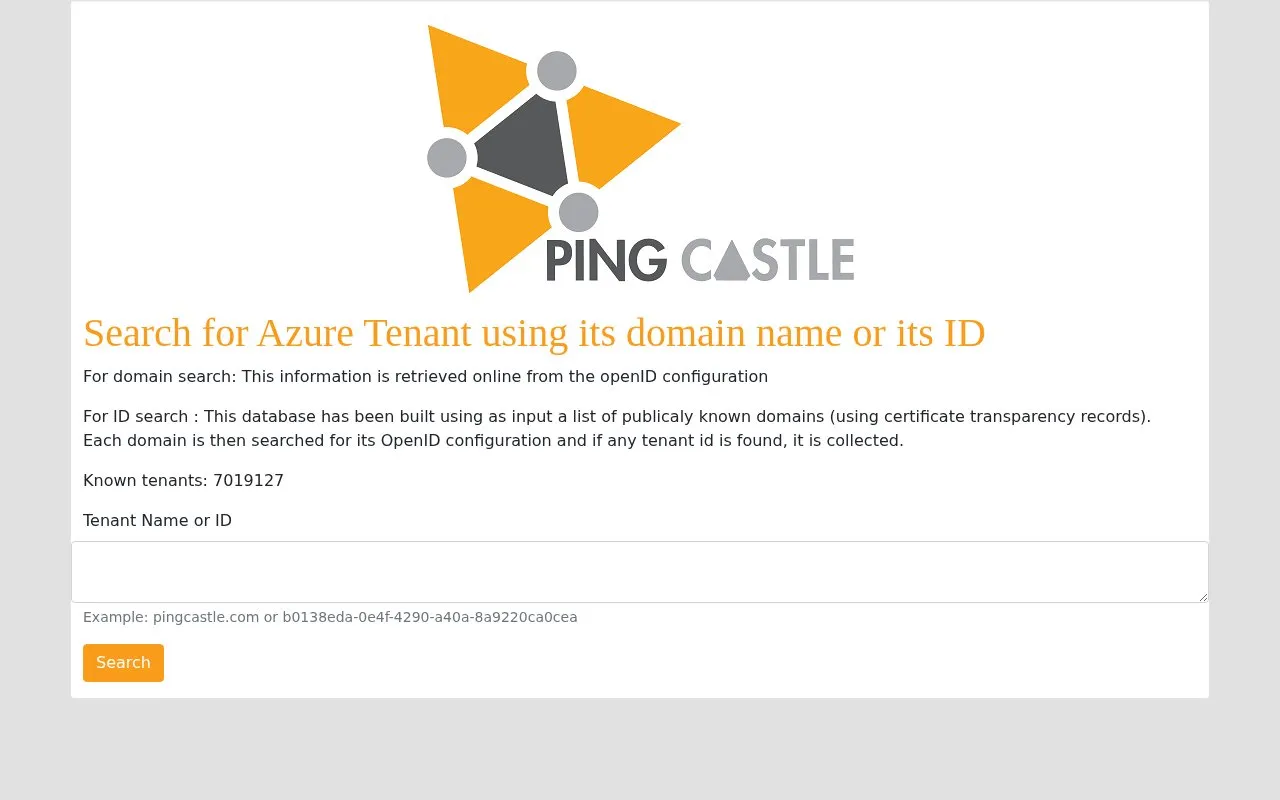 Azure Tenant Resolution by PingCastle homepage screenshot