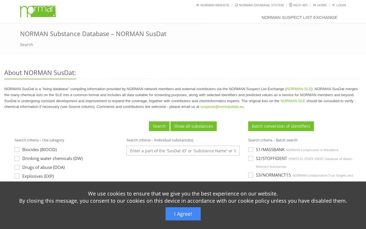 NORMAN Substance Database homepage screenshot