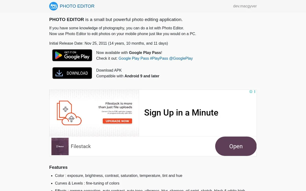 Photo Editor homepage screenshot