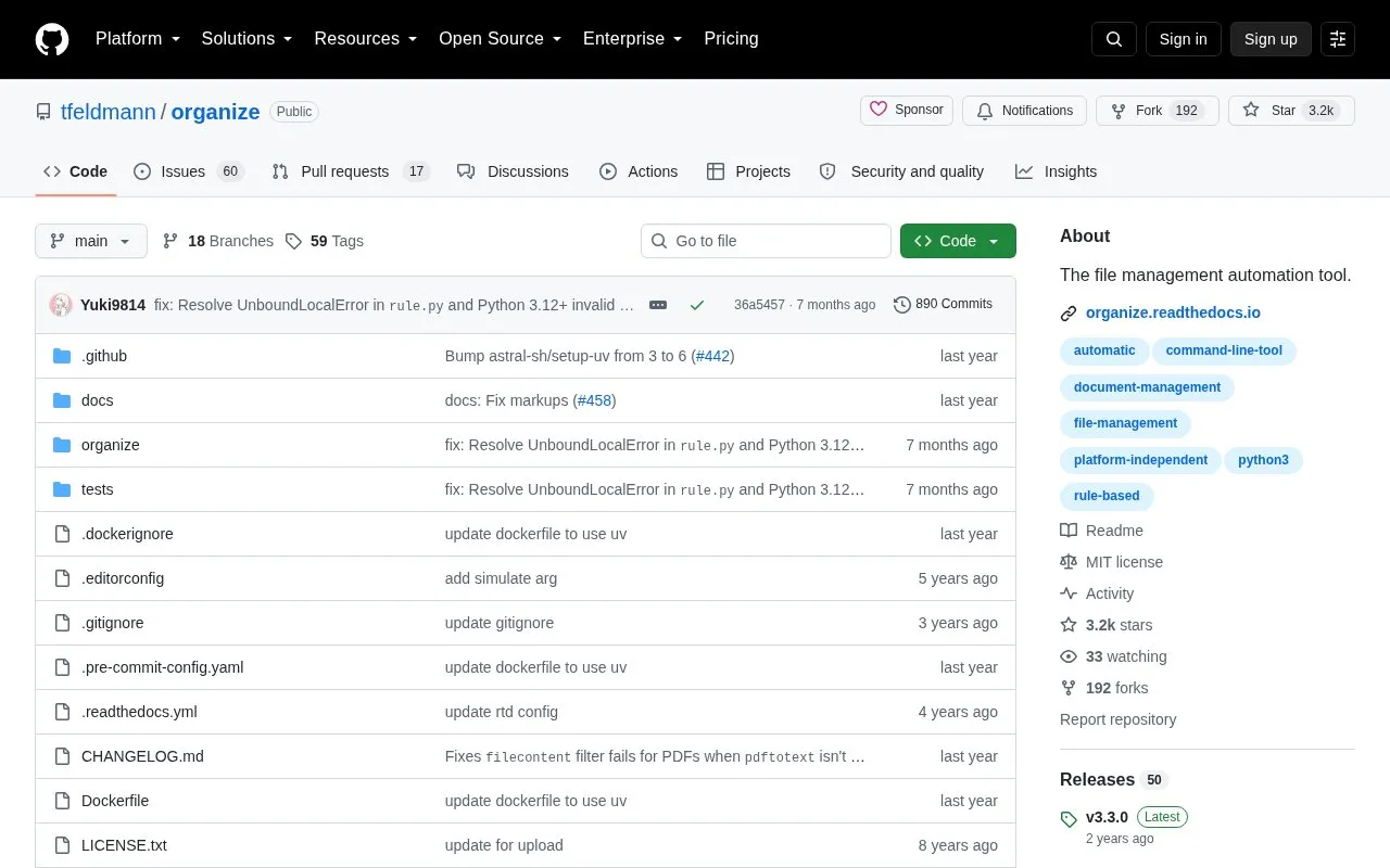 Organize homepage screenshot