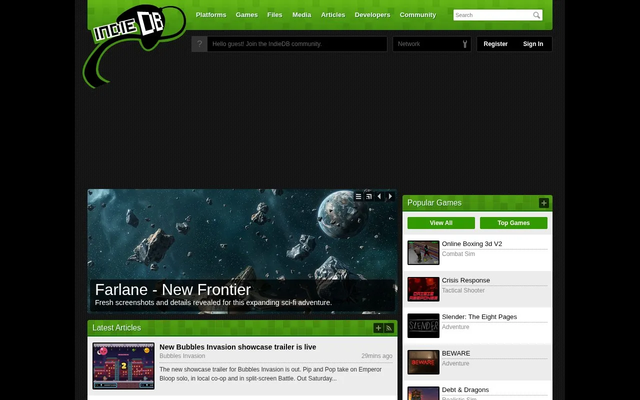 IndieDB homepage screenshot