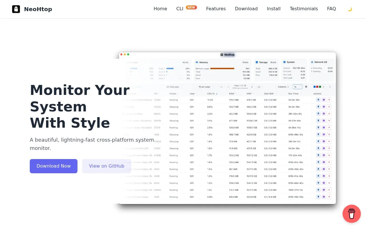 NeoHtop homepage screenshot