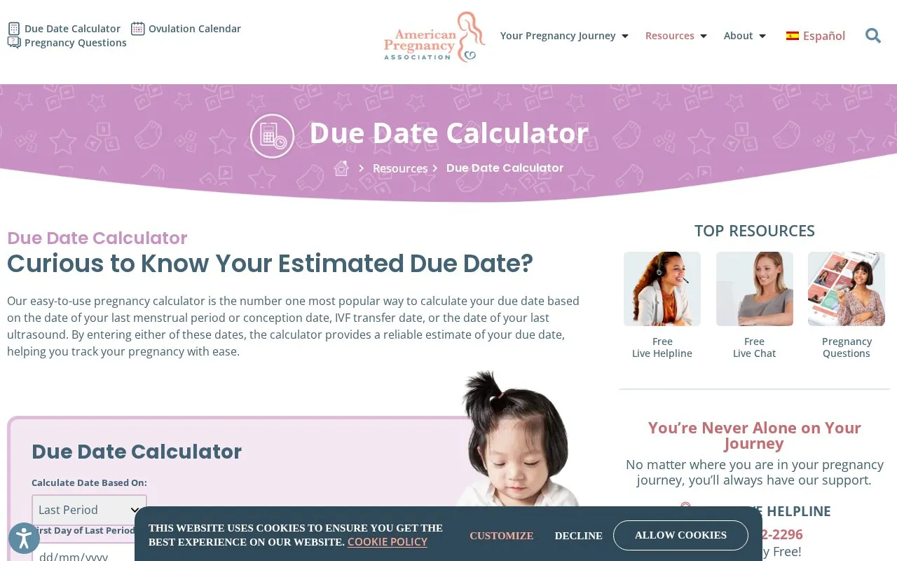 Pregnancy Calculator homepage screenshot