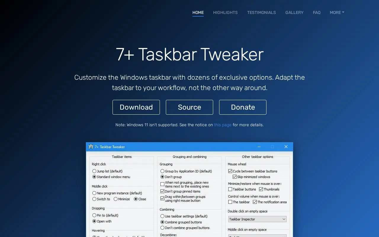 Taskbar Tweaker homepage screenshot
