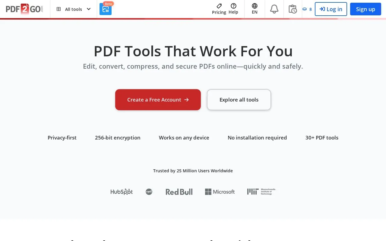 PDF2Go homepage screenshot