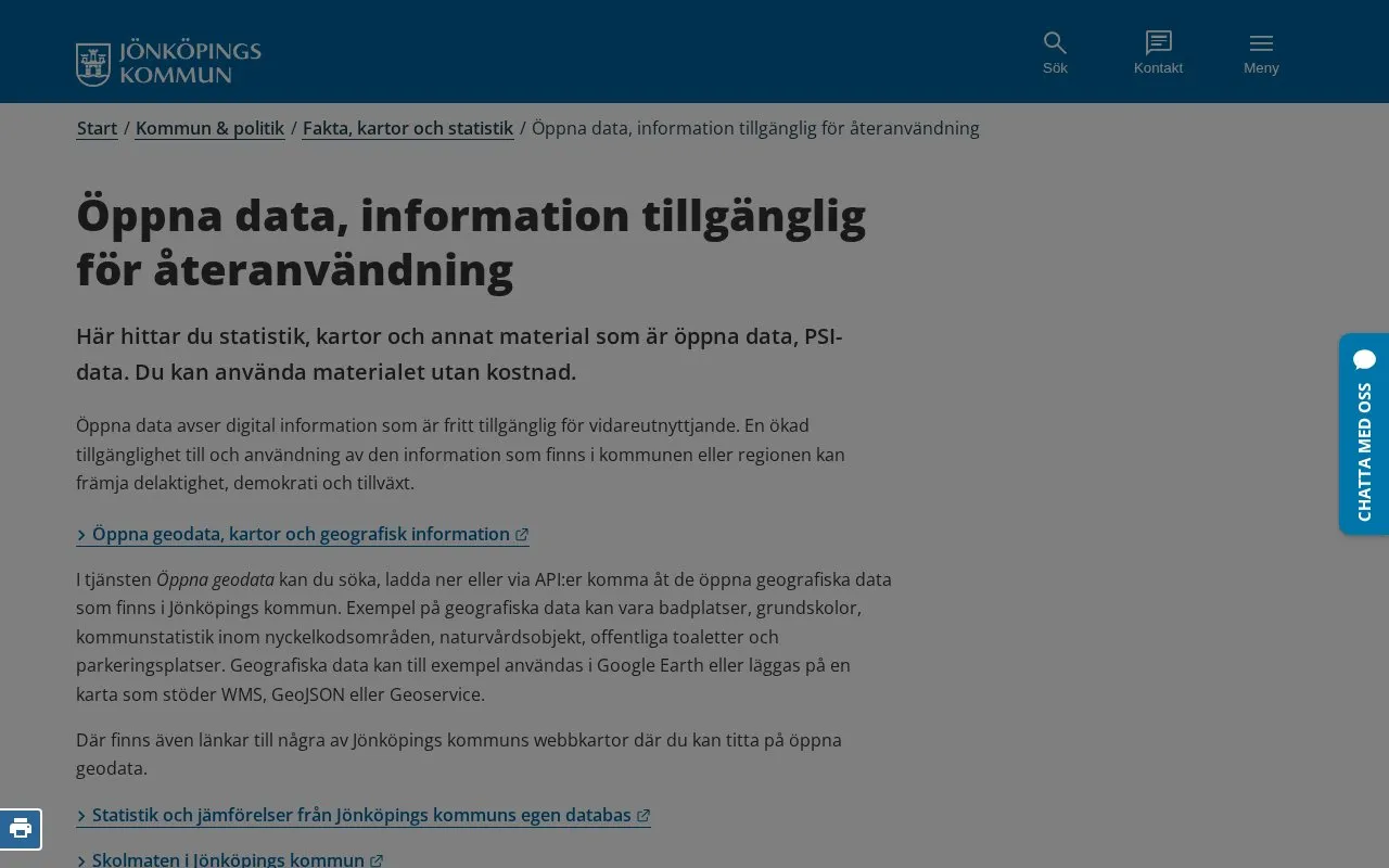 Jönköping Municipality Open Data portal homepage screenshot