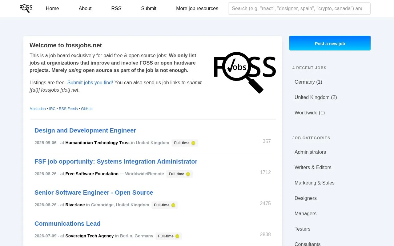 FOSS Jobs homepage screenshot