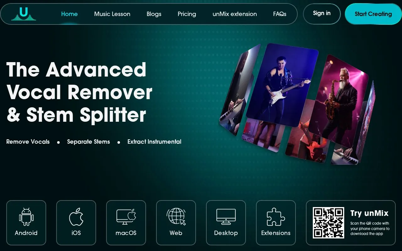unMix Vocal Remover homepage screenshot
