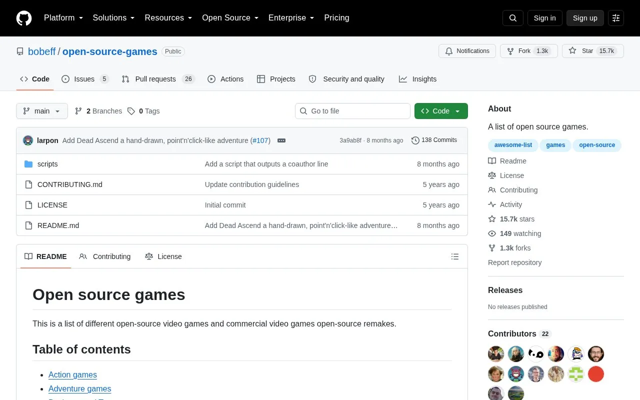 Open Source Games homepage screenshot
