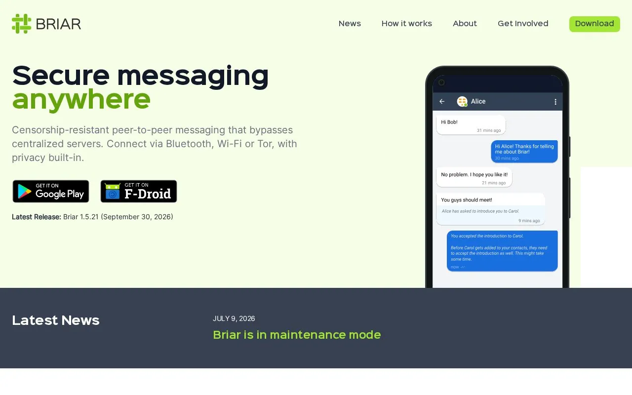 Briar homepage screenshot