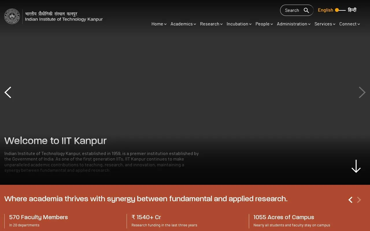 Indian Institute of Technology, Kanpur homepage screenshot