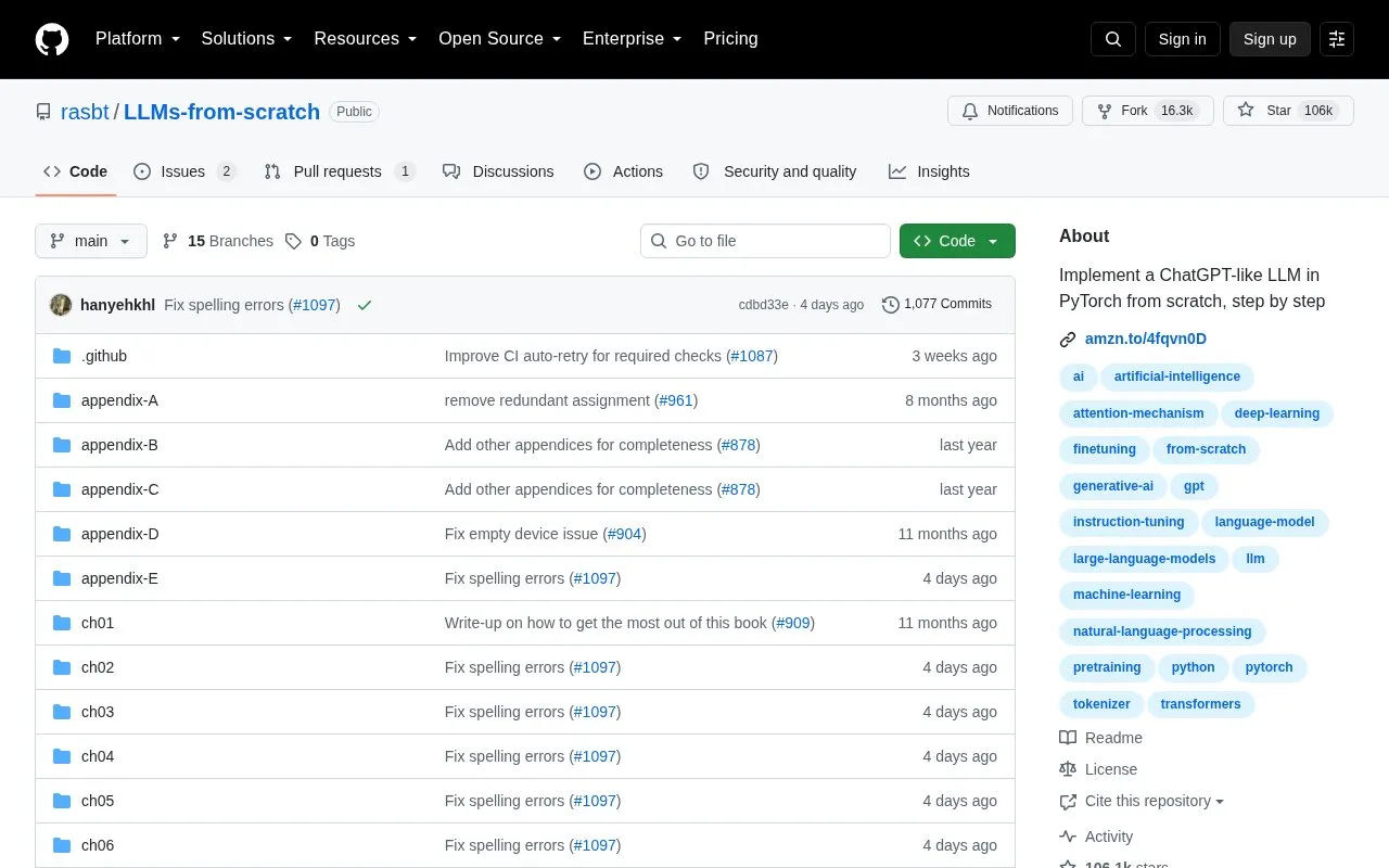 rasbt/LLMs-from-scratch homepage screenshot