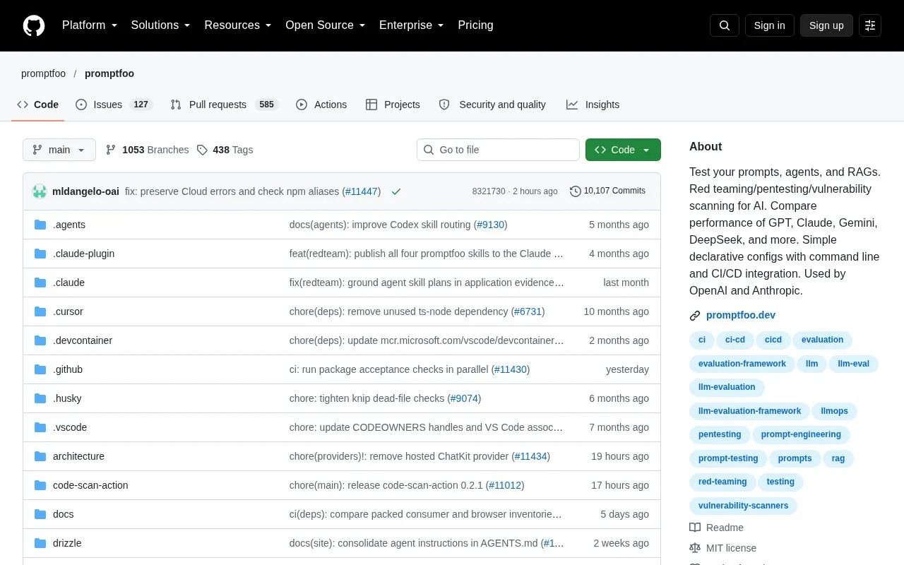 Promptfoo homepage screenshot