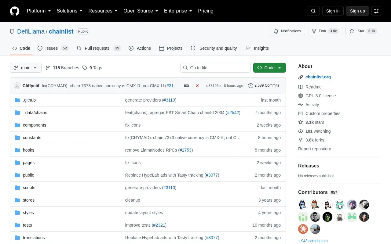 Chainlist homepage screenshot