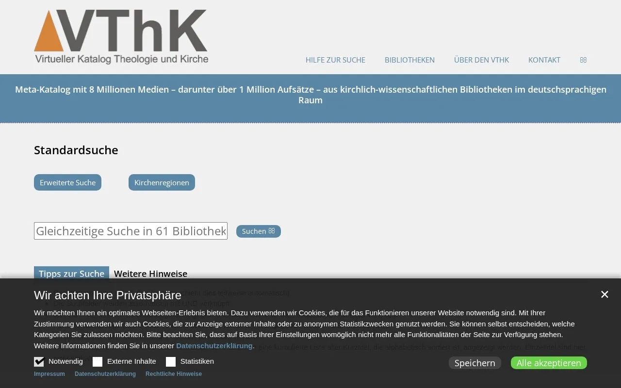 Virtual Catalogue for Theology and Church homepage screenshot