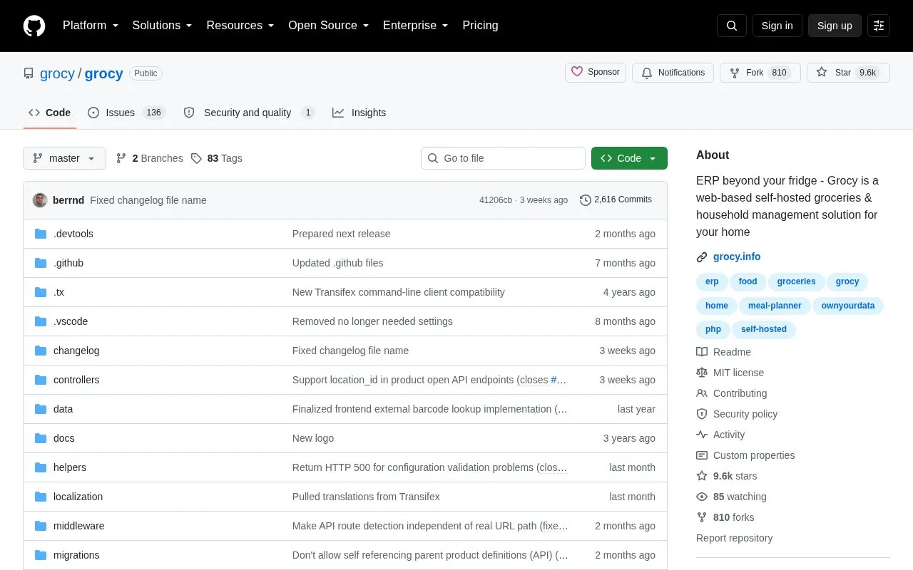Grocy homepage screenshot