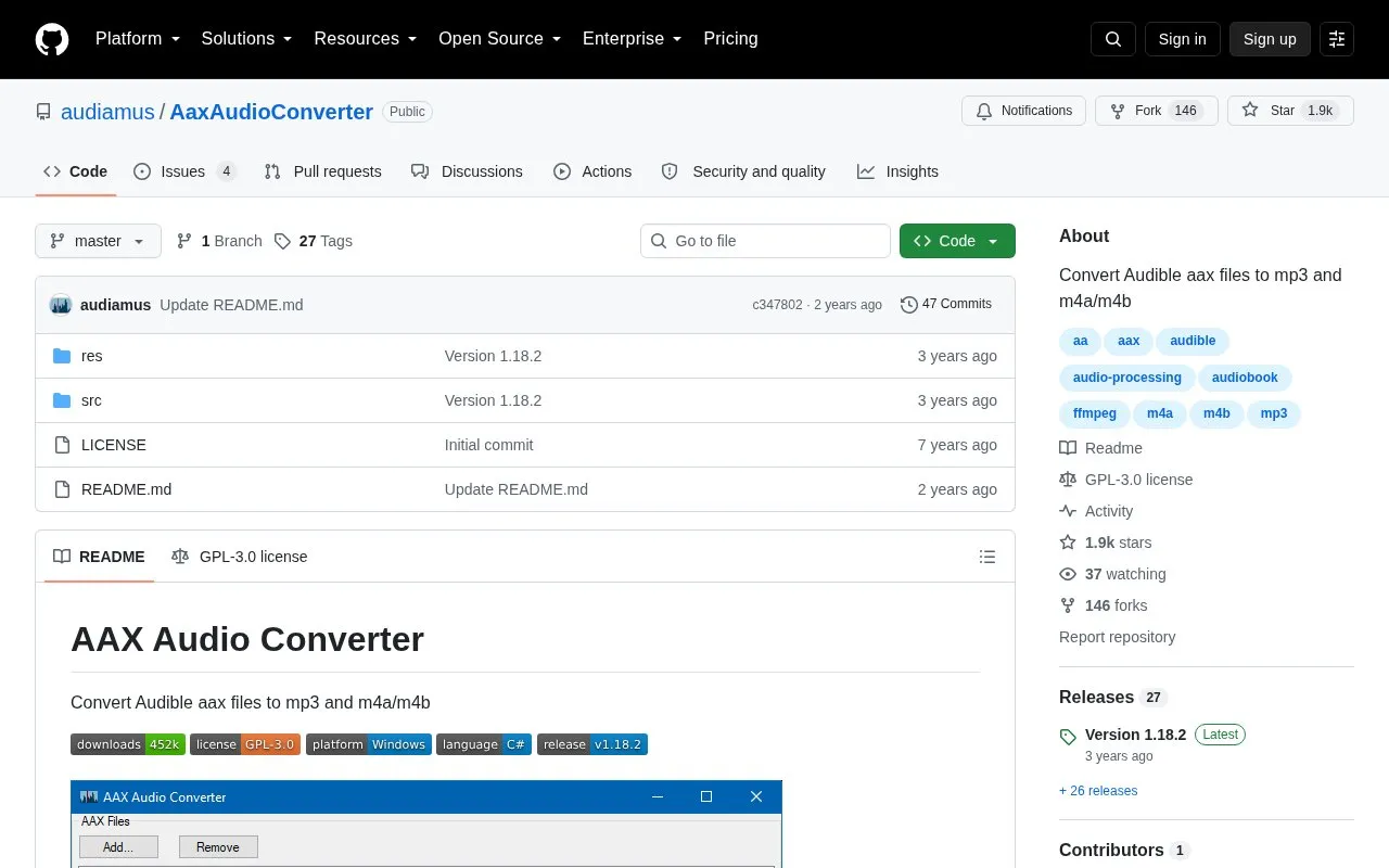AaxAudioConverter homepage screenshot