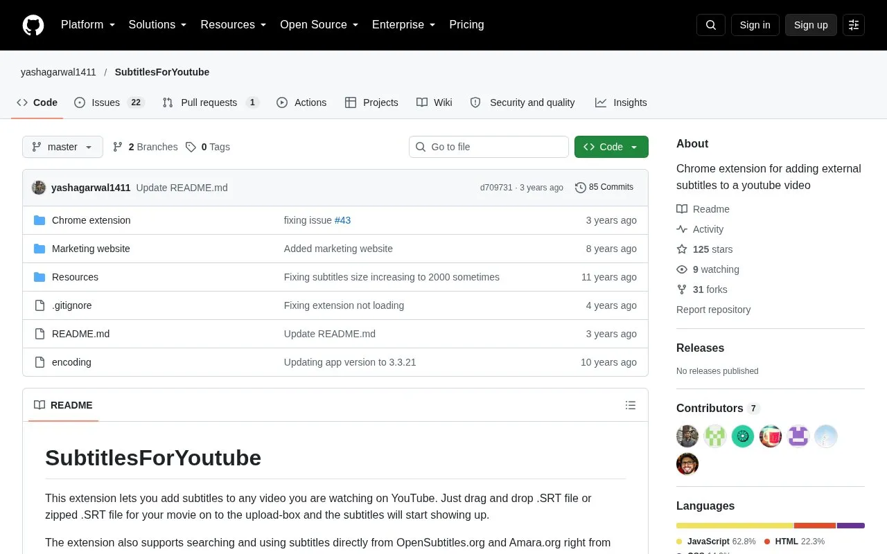 SubtitlesForYoutube homepage screenshot