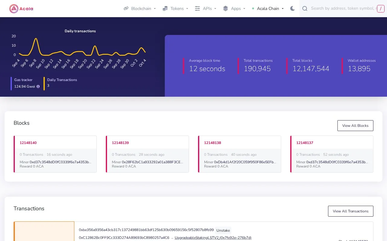 Acala Network — blockscout homepage screenshot