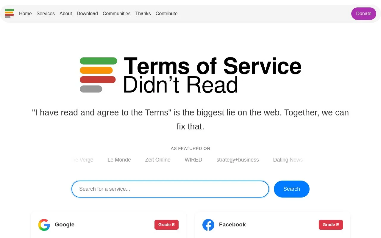 ToS;DR homepage screenshot