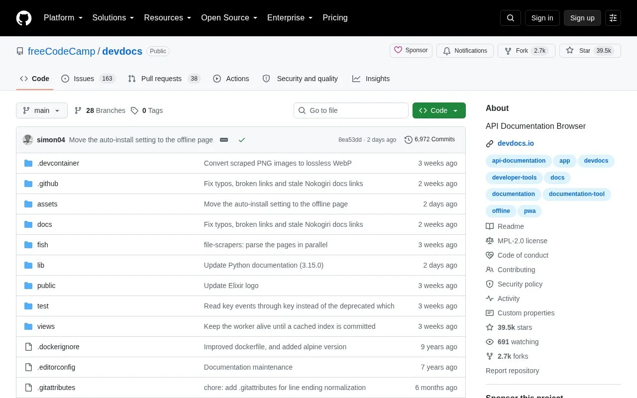 Devdocs homepage screenshot