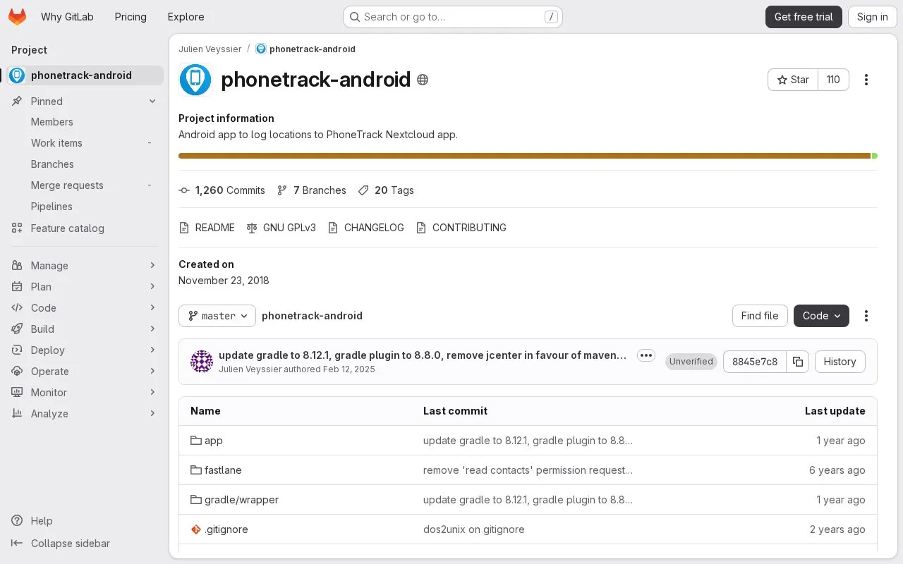 Phonetrack Android homepage screenshot