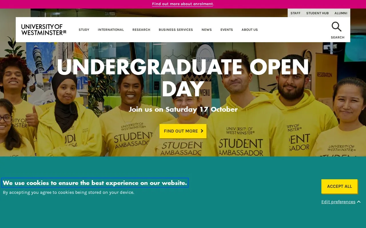 University of Westminster homepage screenshot
