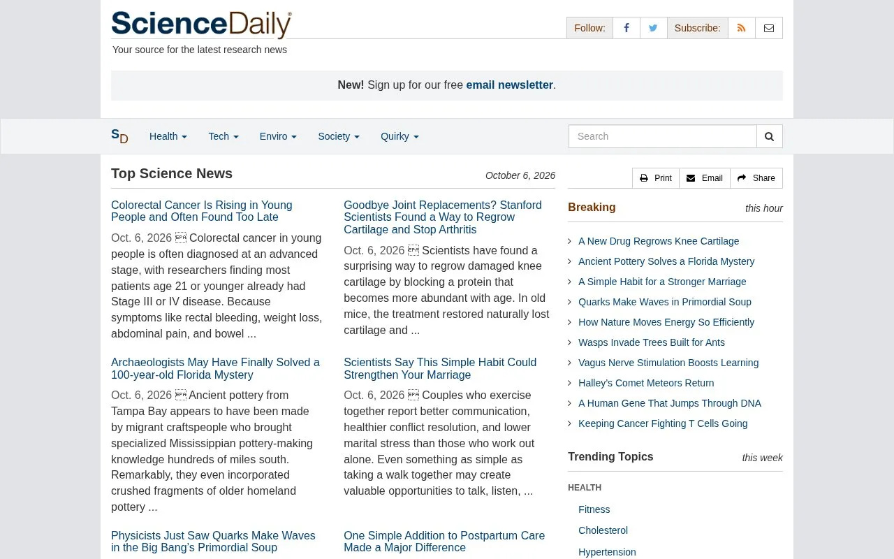 ScienceDaily homepage screenshot