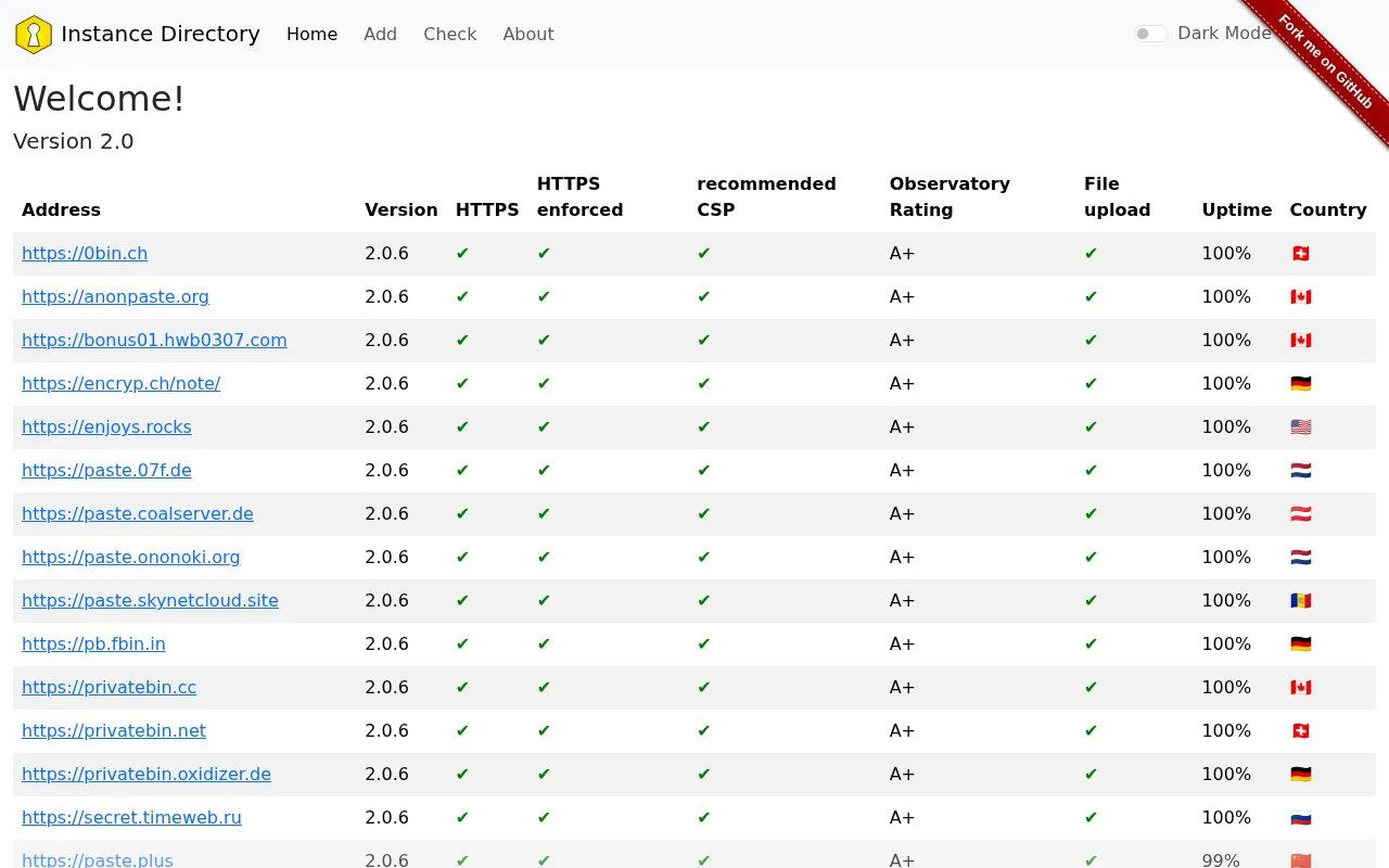 Instances homepage screenshot