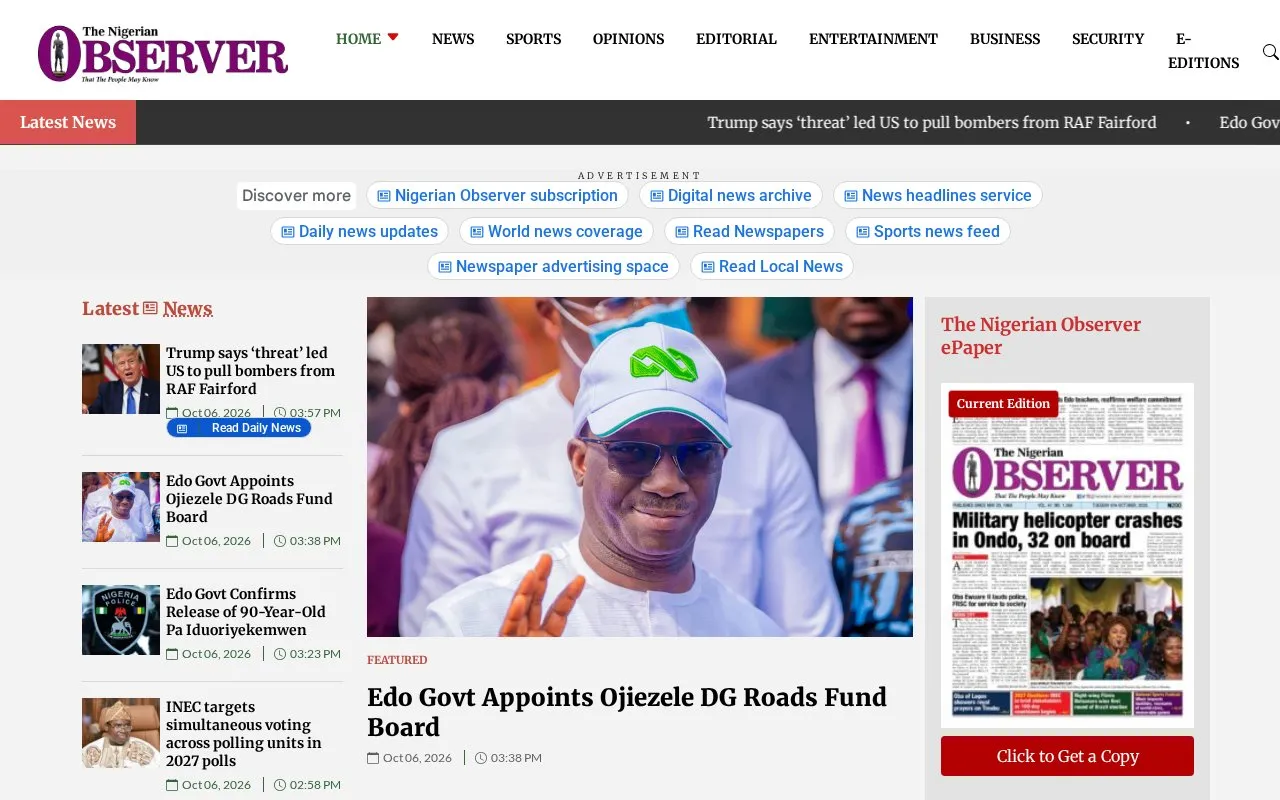 The Nigerian Observer homepage screenshot