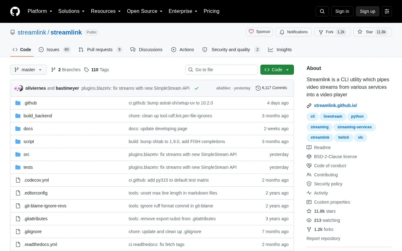 streamlink homepage screenshot