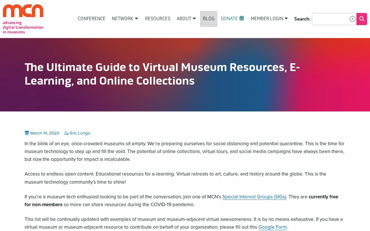 Virtual Museum Resources homepage screenshot
