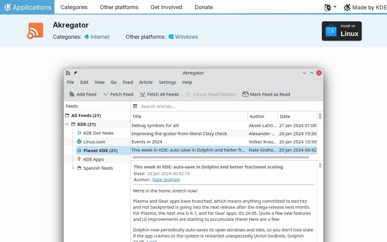 Akregator homepage screenshot