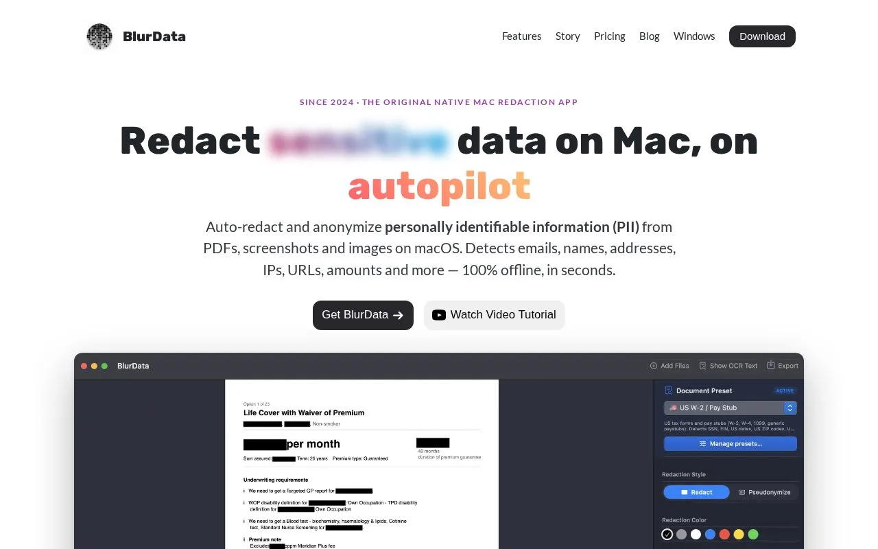BlurData homepage screenshot