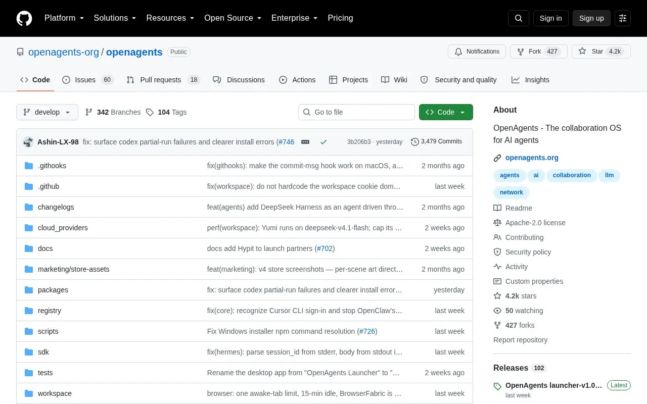 OpenAgents homepage screenshot