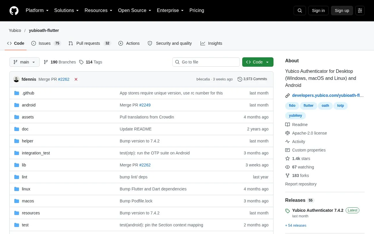 Yubioath Flutter homepage screenshot