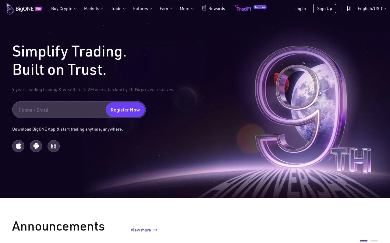 BigONE homepage screenshot