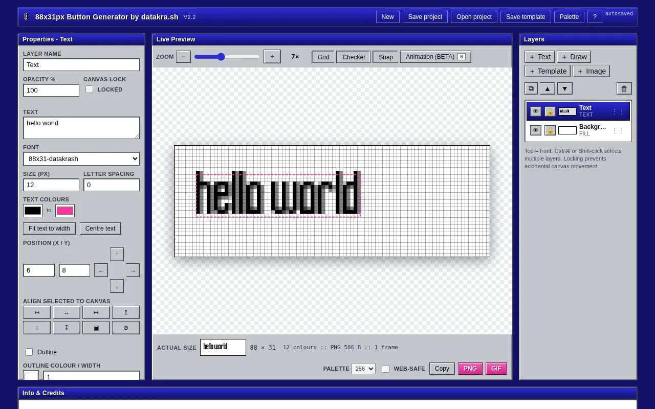 88x31px Button Generator homepage screenshot