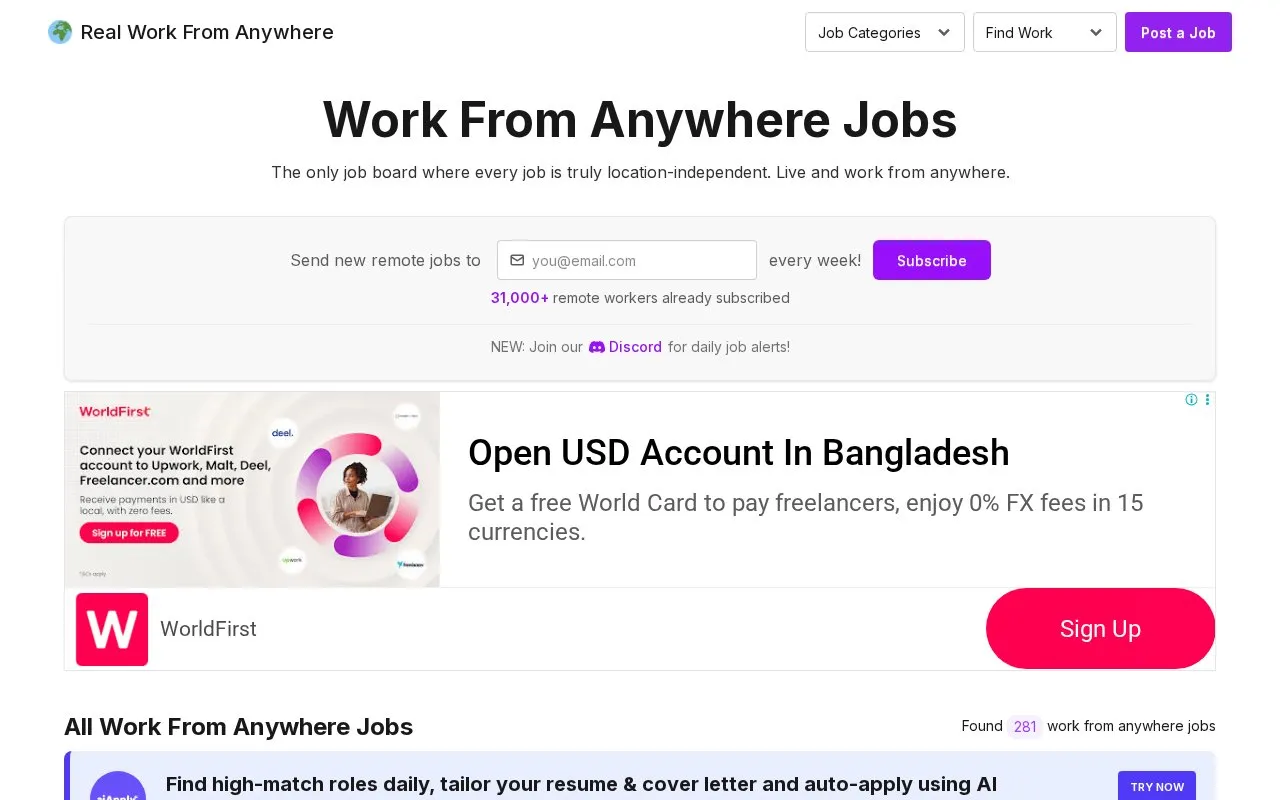 Real Work From Anywhere homepage screenshot