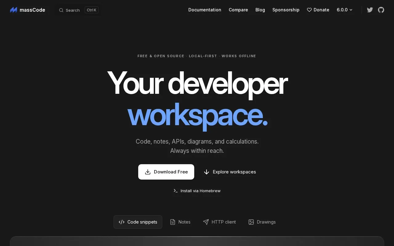 massCode homepage screenshot