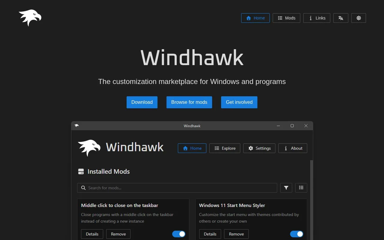 Windhawk homepage screenshot