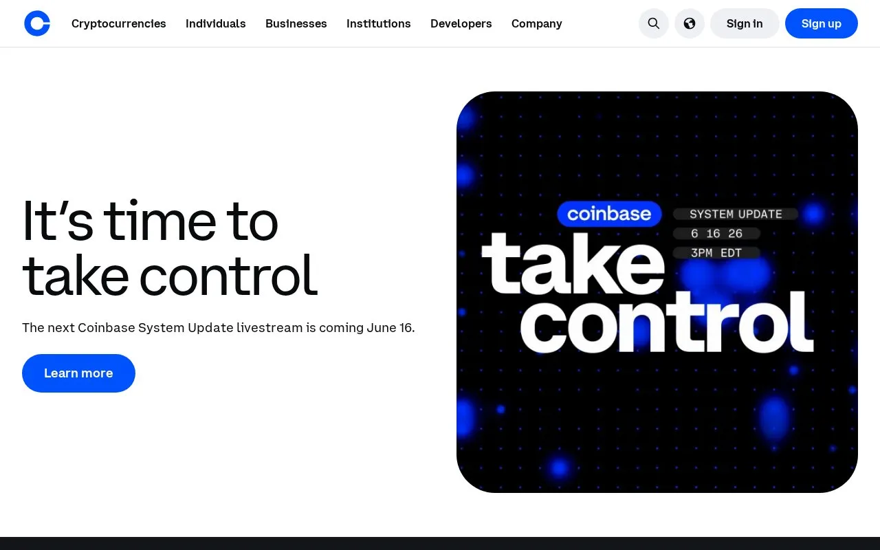 Coinbase Exchange homepage screenshot