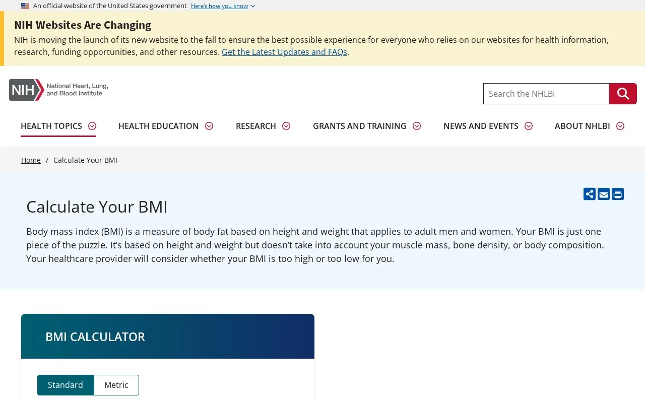Standard BMI Calculator homepage screenshot