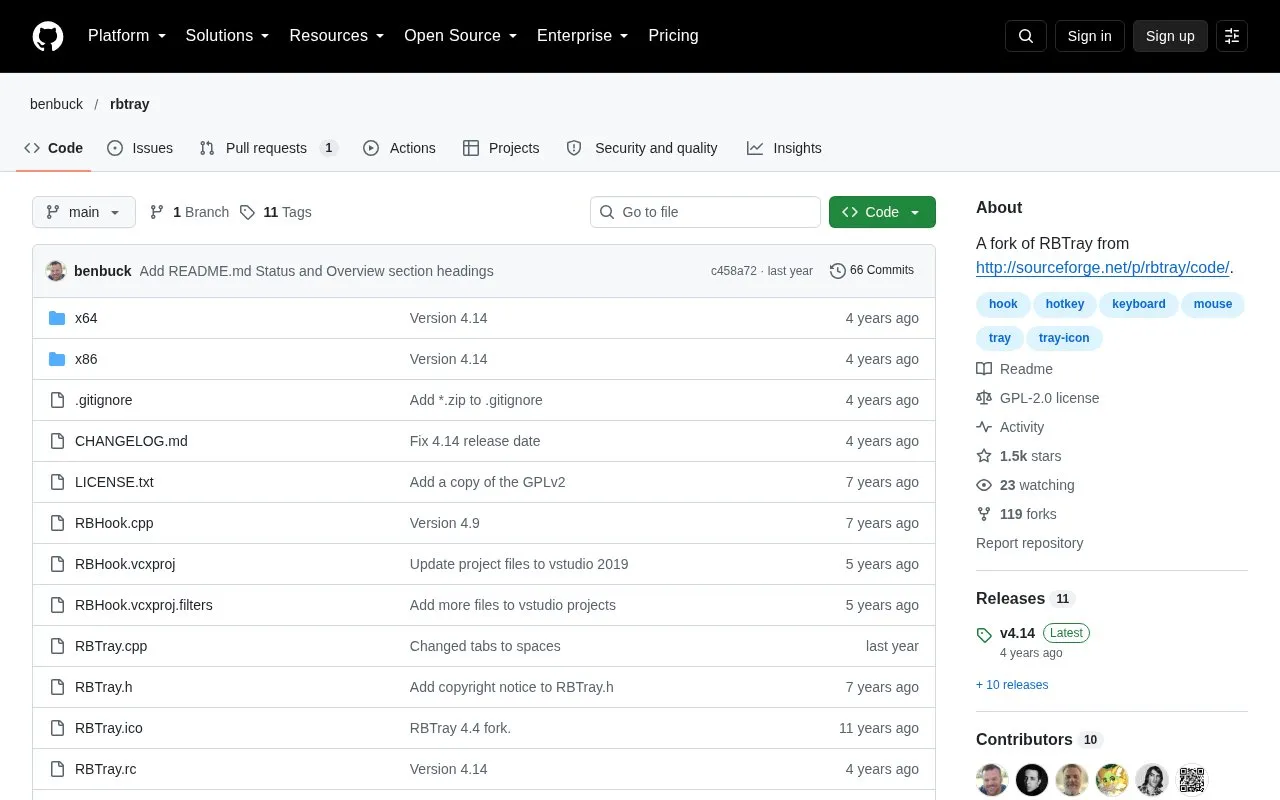 RBTray homepage screenshot