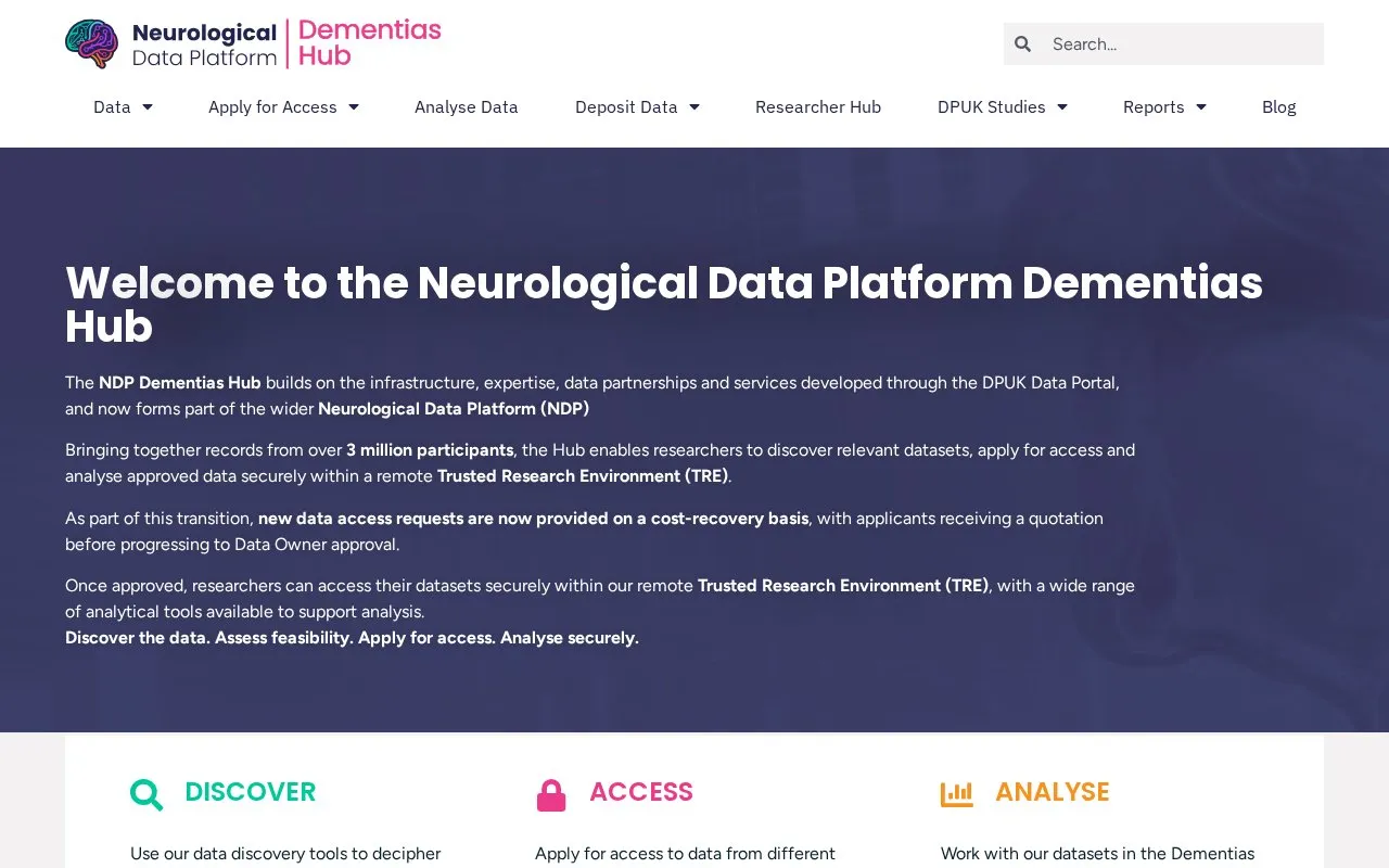 Dementias Platform UK Data Portal homepage screenshot