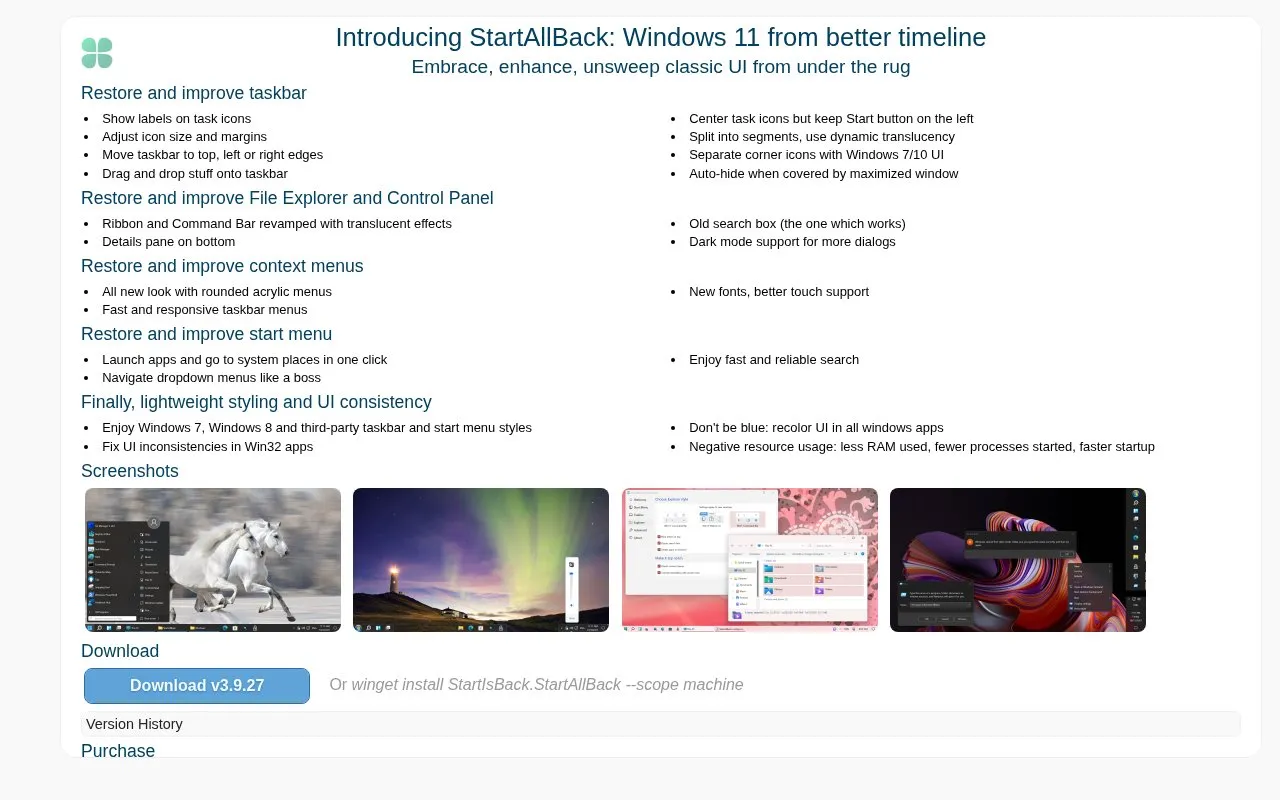 StartAllBack homepage screenshot