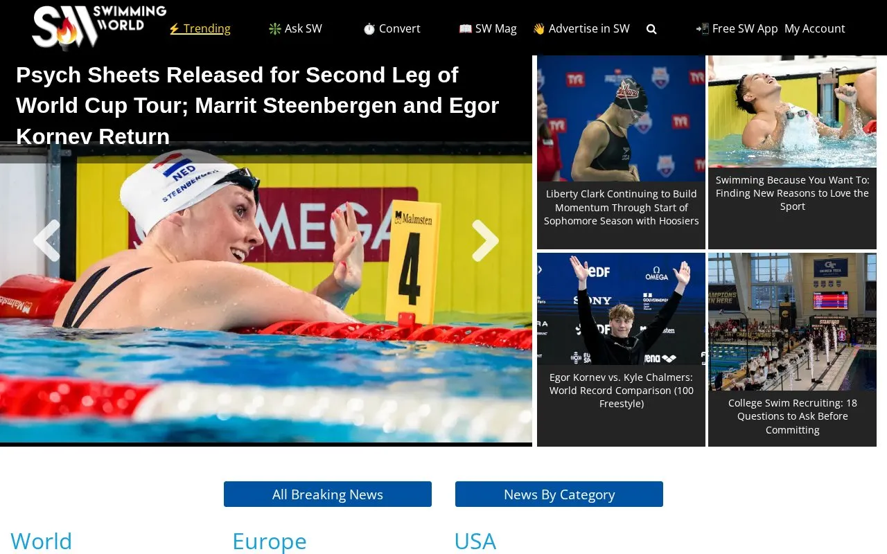 Swimming World Magazine homepage screenshot