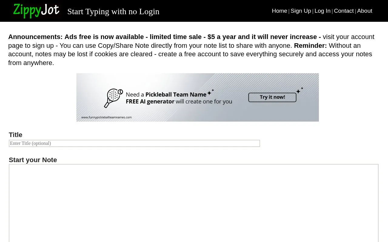 ZippyJot homepage screenshot